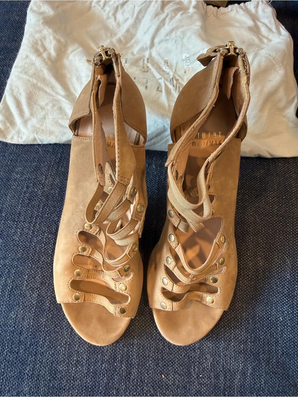 Stuart Weitzman Tan Beige Leather Suede Marie Gladiator Open Toe Heels 7.5 Studs
